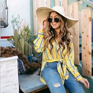 Forever 21 Yellow Striped High Low Button Up Shirt